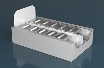 Realistic mockup of silver foil pouches in display box on blue glossy surface. 3d illustration