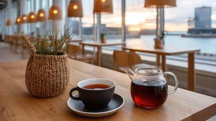 Sip tea while gazing at the sunset from a stylish cafe, with light flooding through the large windows onto the serene sea