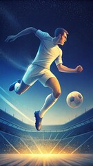 Naklejka premium Soccer player in dynamic action, kicking ball in stadium at night. Soccer player in action kicks the ball, in the stadium