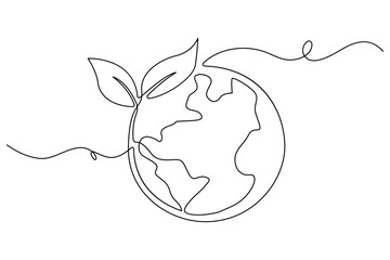 One line editable drawing of planet Earth and sprouting plant symbolizing green eco friendly living
