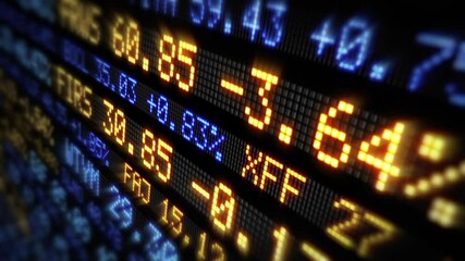 Stock Market Ticker With Prices, Percentage Changes. Abstract Ticker Board, Financial Market, Screen, Business, Trading, Rates, Quotes, Investment. Technology Animation. - Powered by Adobe