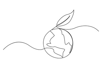 One line editable drawing of planet Earth and sprouting plant symbolizing green eco friendly living
