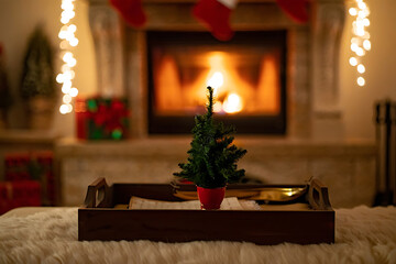 Cozy Christmas Scene: Warm Fireplace and Decorated Tree in a Cozy Living Room