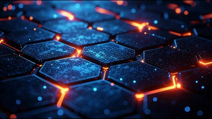 Futuristic hexagonal grid with glowing circuitry and digital network nodes - Powered by Adobe