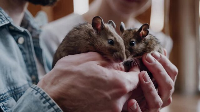 Small rodent pets in human hands. Boy and girl holding degu rodents. Cute animal care by child and pet owner. Rodent interaction shows boy and girl care for small animal. Child rodent pet care moment