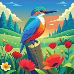 Vibrant kingfisher in a spring meadow sunsets