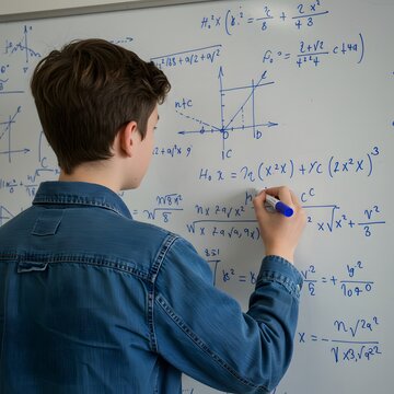 Teenage boy solving complex math equations on whiteboard