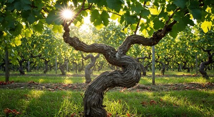 古木ブドウ樹黄金色夕日輝く 緑葉背景. AI Generated