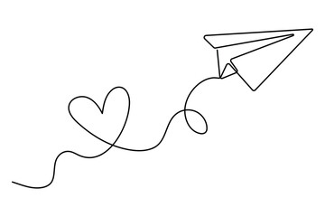 Paper plane flying with hearts in continuous one line drawing love card concept minimalist vector illustration
