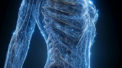 Medical visualization of a transparent female body, highlighting skeletal structure and growth, providing insights into human anatomy and development