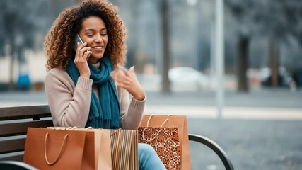 A joyful woman with curly hair sits on a park bench, talking on her phone, surrounded by colorful shopping bags. She smiles while enjoying a conversation outdoors. - Powered by Adobe