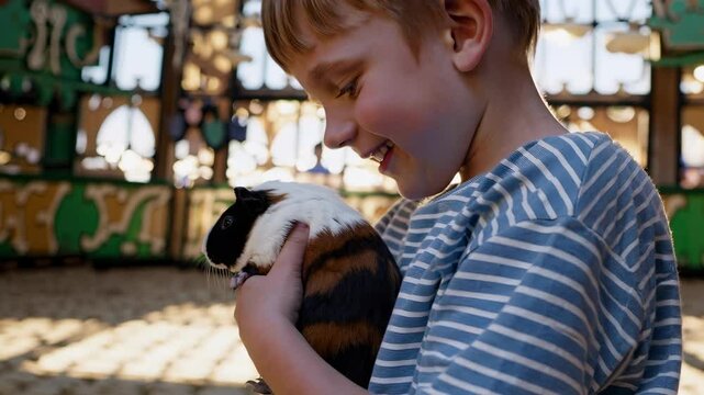 Boy smiling at guinea pig pet. Child holds rodent tightly. Animal in boy hands. Happy child loves rodent. Pet shown by kid. Guinea pig safe. Boy holding small animal. Rodent kept by smiling boy