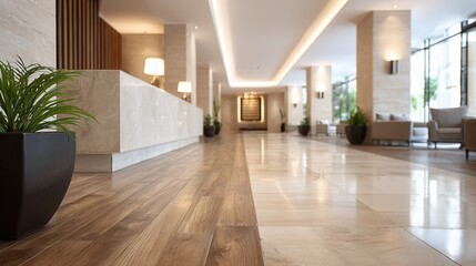 Fototapeta premium Modern hotel lobby with wooden and marble flooring, elegant lighting, and green plants.