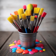 Vibrant Paint Brushes in a Metal Bucket Surrounded by Colorful Paints