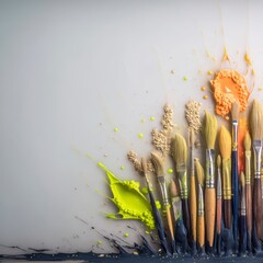 Colorful Paint Splash with Paintbrushes Arranged on a Surface
