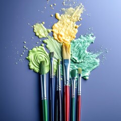 Vibrant Paint Splashes with Brushes on Colorful Background