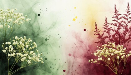 A colorful abstract background featuring delicate white flowers on a green and red gradient. The scene includes soft splashes of color and a dreamy atmosphere.