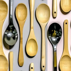 Assorted Wooden and Metal Kitchen Utensils on Colorful Background