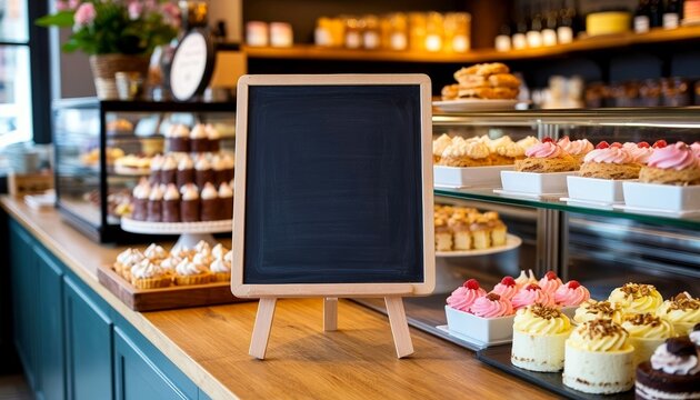 A cozy bakery interior with a wooden counter displaying various pastries and desserts. A blank chalkboard stands in front, ready for menu updates.