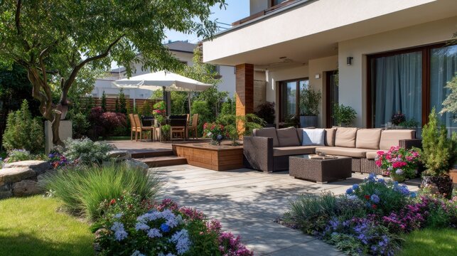 Elegant Outdoor Garden Lounge Area Perfect For Zoom Background