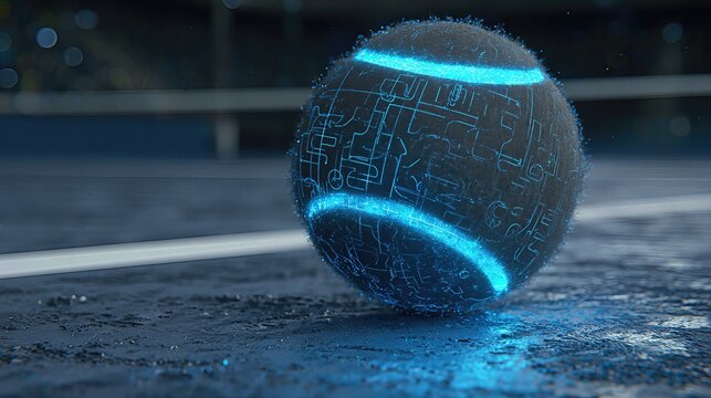 A futuristic tennis ball designed with digital textures sits on a smart court, highlighting the integration of innovation, data tracking, and enhanced training tools in modern sports.
