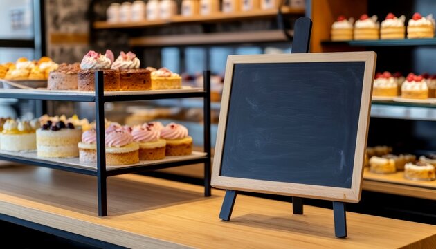 A display of various desserts in a bakery. The scene includes colorful cupcakes and a blank chalkboard sign on a wooden counter.