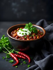Delicious spicy chili beans in a bowl with sour cream