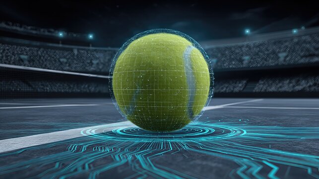 A futuristic tennis ball designed with digital textures sits on a smart court, highlighting the integration of innovation, data tracking, and enhanced training tools in modern sports.