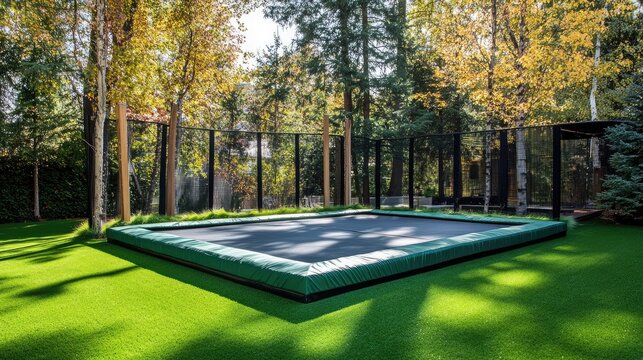 Trampoline embedded in the ground with seamless grass around the perimeter