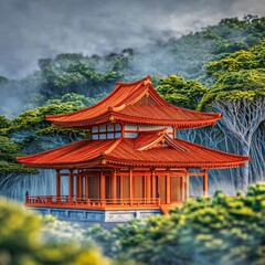 Serene Japanese Temple Surrounded by Lush Forest and Misty Atmosphere