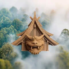 Traditional Wooden Architecture with Dragon Sculpture and Nature Background
