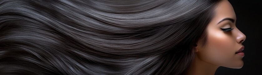 Fototapeta premium Elegant Brunette Flowing Hair and Profile Beauty, Haircare , Beauty