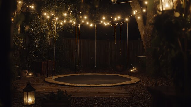 Trampoline framed by string lights and lanterns in a cozy nighttime backyard - Powered by Adobe