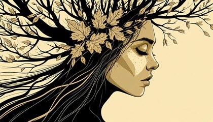 A profile of a woman with long hair resembling tree branches. Her hair is adorned with leaves. The background is a soft beige color, creating a serene atmosphere.
