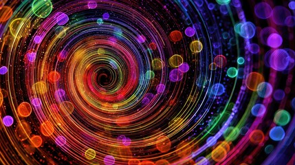 Swirling neon orbs form a radiant spiral in a dark universe, creating an abstract sense of motion and light that captures the imagination and invites exploration.
