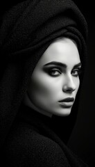 A young woman with long dark hair and striking features wears a black headscarf. The image is in black and white, emphasizing her facial expression and makeup.