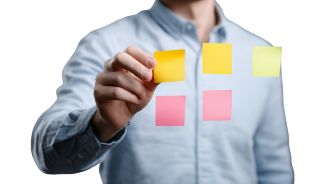 A man is holding up a stack of sticky notes, each with a different color