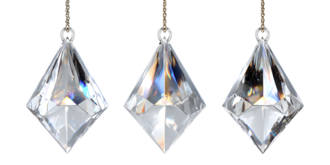 Isolated crystal chandelier pendants with a polished diamond shape, showcasing clear transparency and reflective surfaces on a transparent background.
