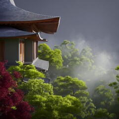 Serene Traditional Japanese Architecture Surrounded by Lush Greenery