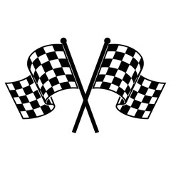Two crossed checkered flags waving in the wind on white background in a black and white illustration