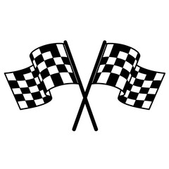 Two crossed checkered flags waving in the wind representing the end of a race in black and white art