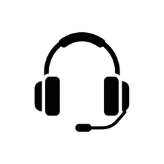A simple black and white illustration of a headset with a microphone on a white background