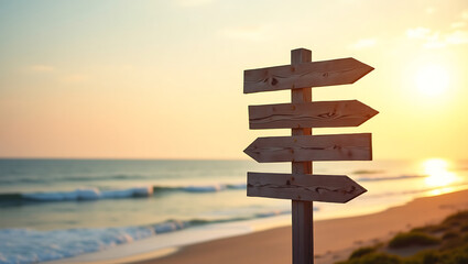 Wooden directional signpost on beach at sunset, ocean waves background