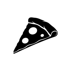 A black and white graphic illustration of a pizza slice with circular toppings on a white background