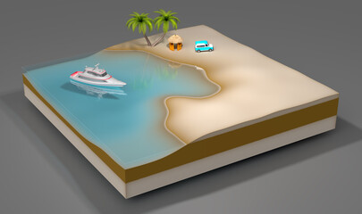 Fragment of surface with sandy beach, straw hut, old blue car and palm trees by the sea with white modern yacht sailing on it. 3d illustration on gray background