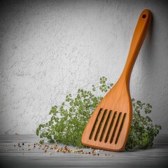 Wooden Spatula Surrounded by Fresh Herbs and Spices on Tabletop