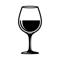 A black and white vector illustration of a wine glass filled with dark liquid on a white background
