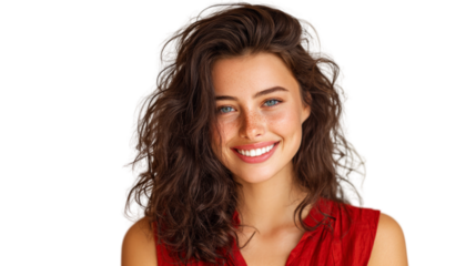 A woman with brown hair and blue eyes is smiling and wearing a red dress