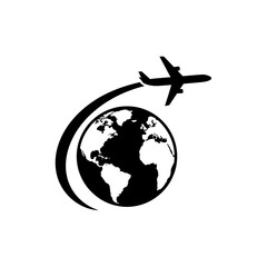 Fototapeta premium airplane flying around the world illustration in black and white simple travel concept design icon