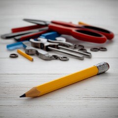 Yellow Pencil and Assorted Tools on Wooden Surface Background
